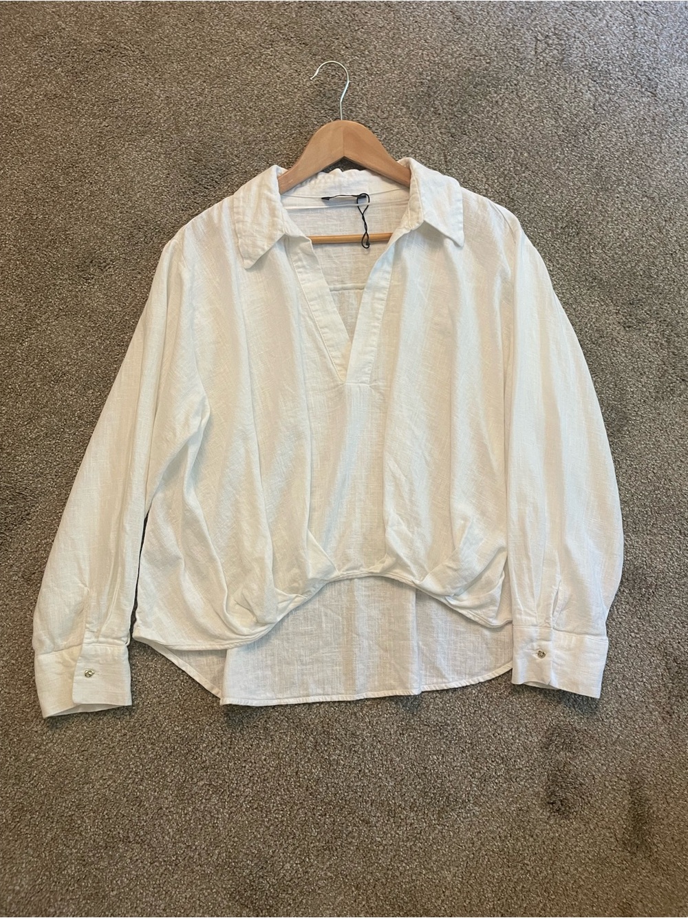 Zara Linen Blend Shirt With Puffed Hem White Lapel Collar V Neck Size M